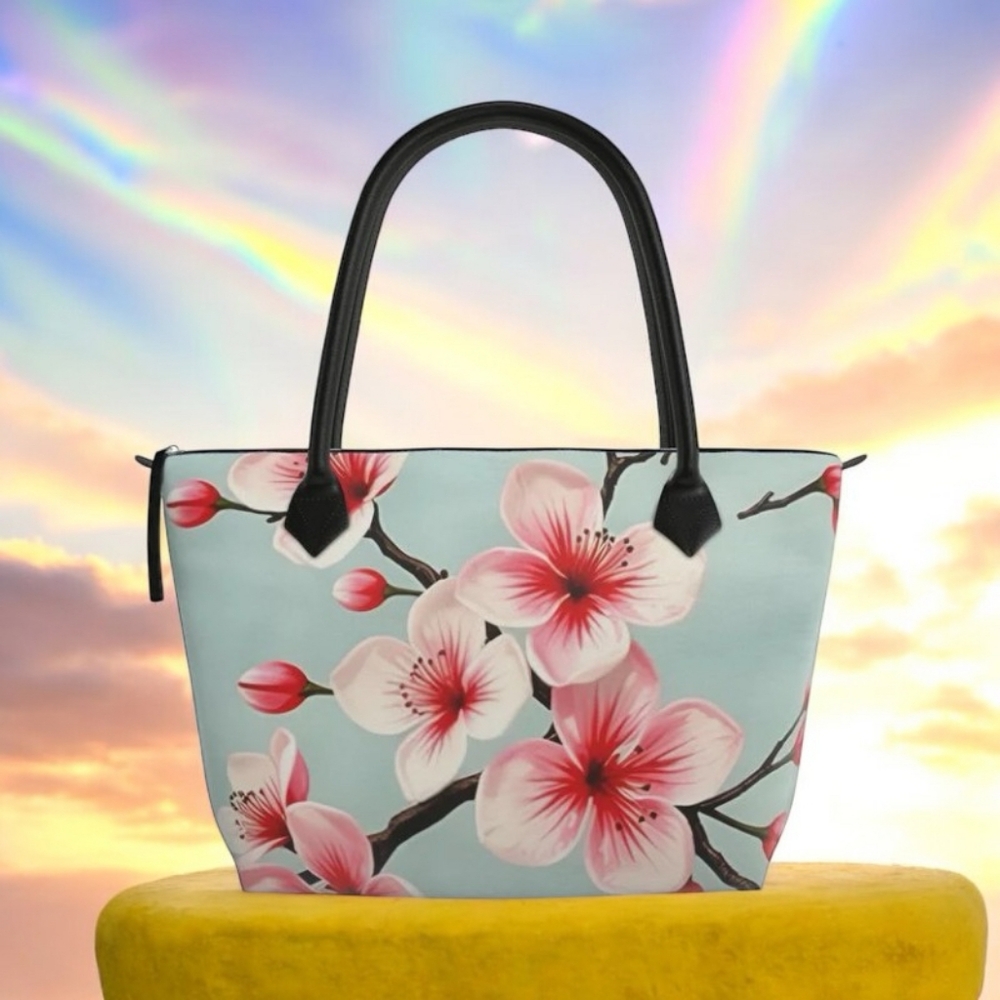 $260 Custom Made Zip Top Handbag with our Exclusive Cherry Blossom Design Print